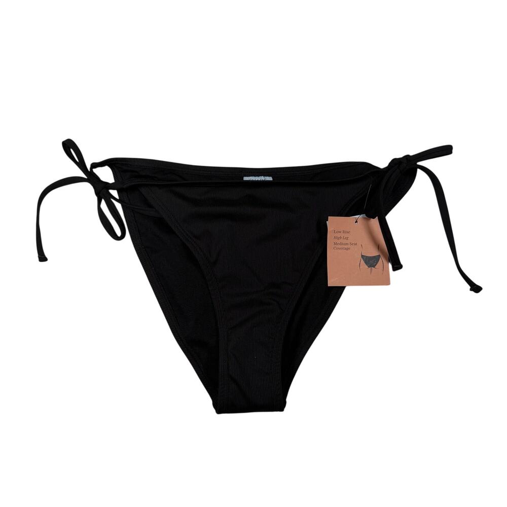 Shade & Shore Bikini Bottom Women's Medium Black Ribbed Side Ties High Leg NWT